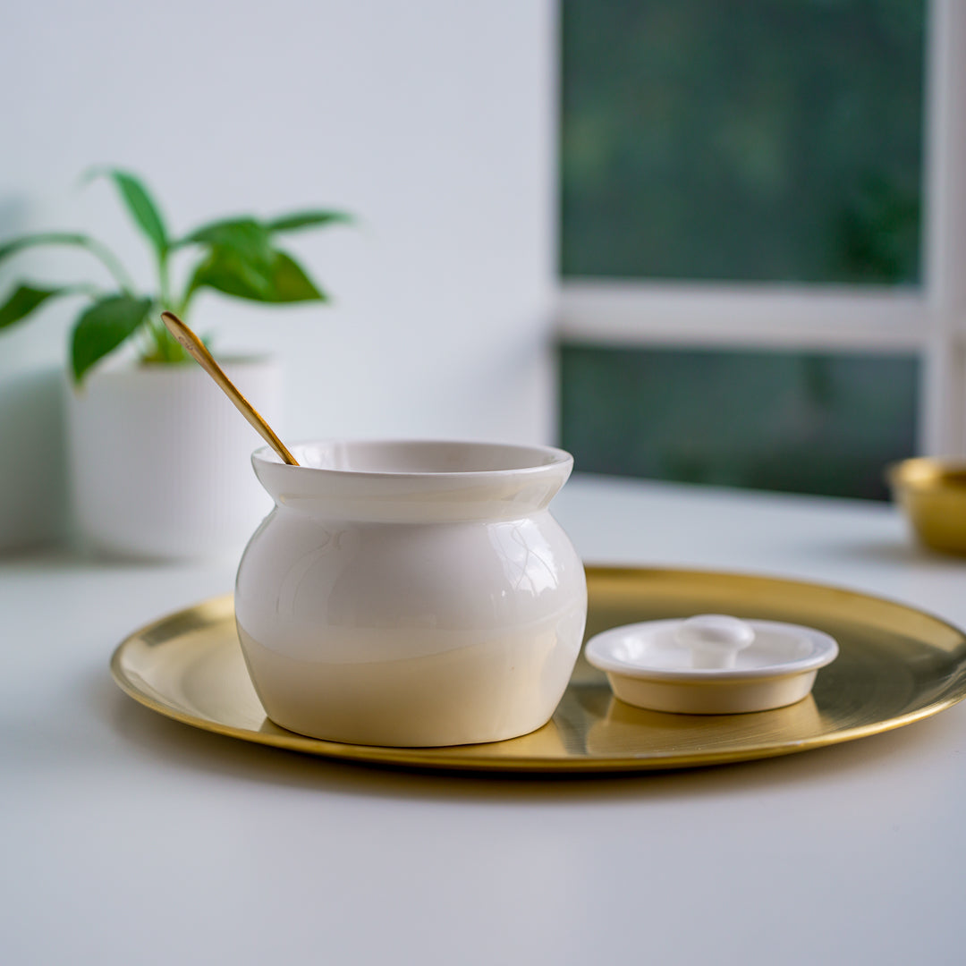 White Ghee Pot with Lid & Gold Spoon – 420ml Luxury Kitchen Jar - Image 2