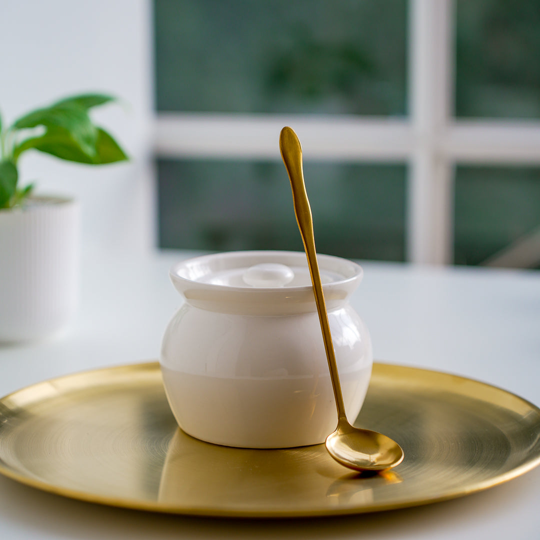 White Ghee Pot with Lid & Gold Spoon – 420ml Luxury Kitchen Jar - Image 4