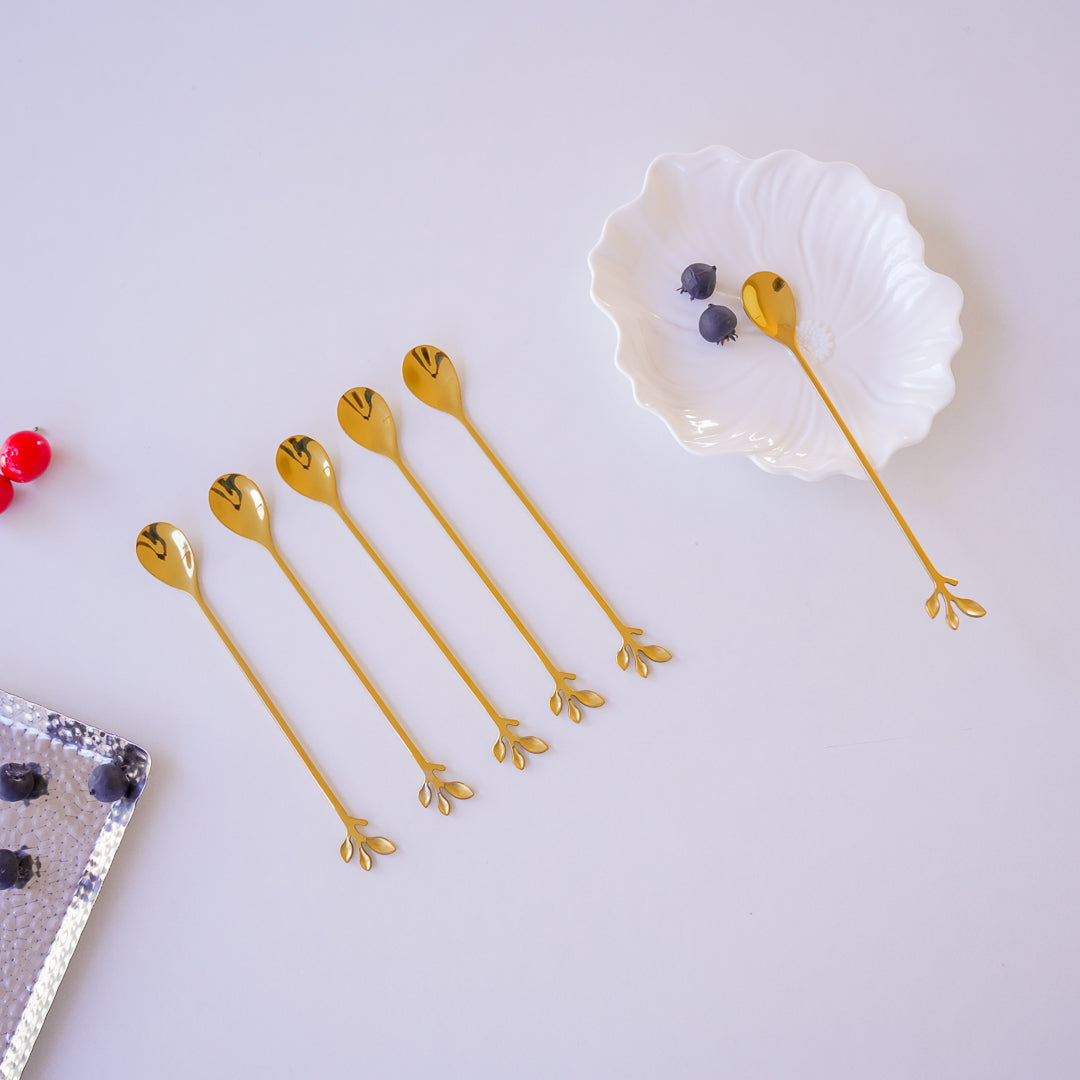 Long Handle Gold Spoons | Leaf Cocktail Stirrers | Stainless Steel - Image 4