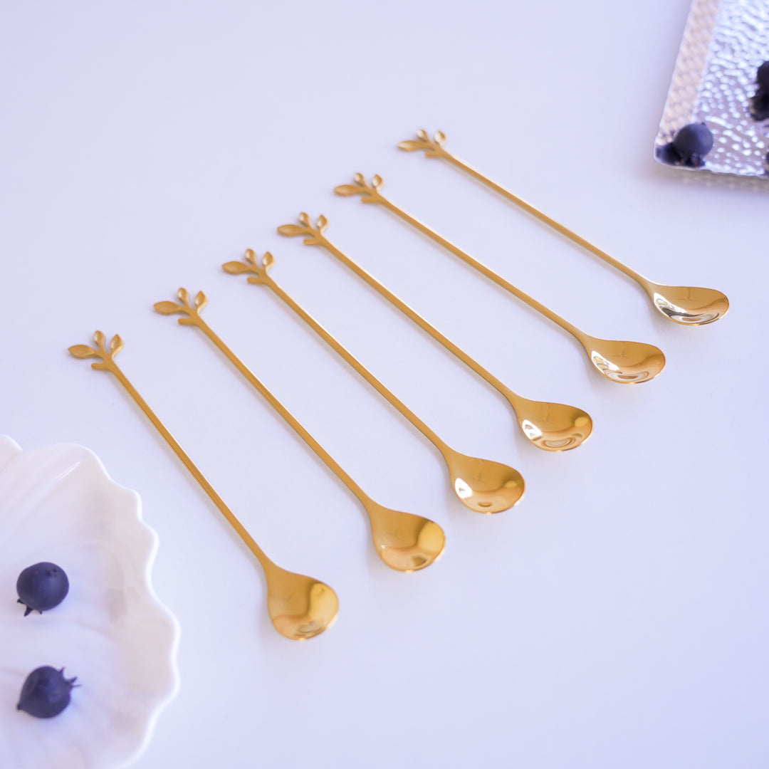 Long Handle Gold Spoons | Leaf Cocktail Stirrers | Stainless Steel - Image 6