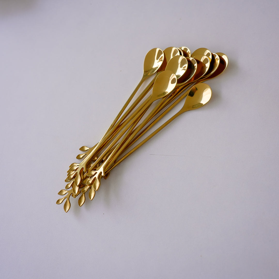 Long Handle Gold Spoons | Leaf Cocktail Stirrers | Stainless Steel - Image 5