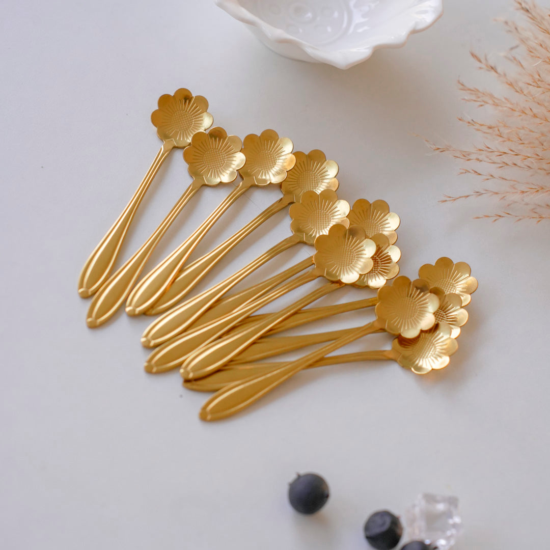 Small Dessert & Tea Spoons |Set of 6 | Gold Chrysanthemum Flower - Image 8